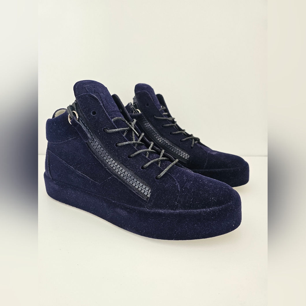 Giuseppe Zanotti Navy Velvet Kriss Mid-Top Sneakers Blue Size 8